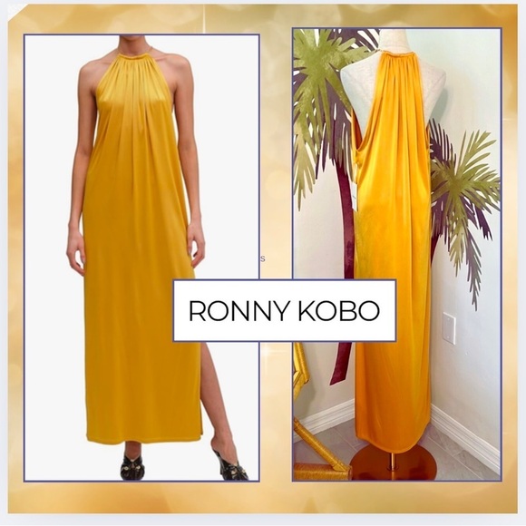 NWT Ronny Kobo Women'sEstere/Estate Long Dress in Amber/Gold HalterSize L